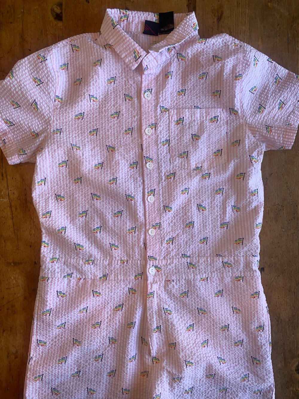 MAD Engine Pink Seersucker Button Down Gay Pride Flag Romper
